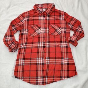No Boundaries Houndstooth Plaid Red Flannel Long Sleeve Button Up Lace Size XS